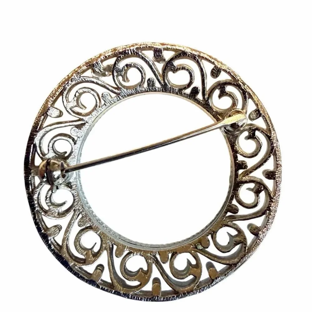 Vintage Silver Tone Openwork Filigree Circle Brooch
